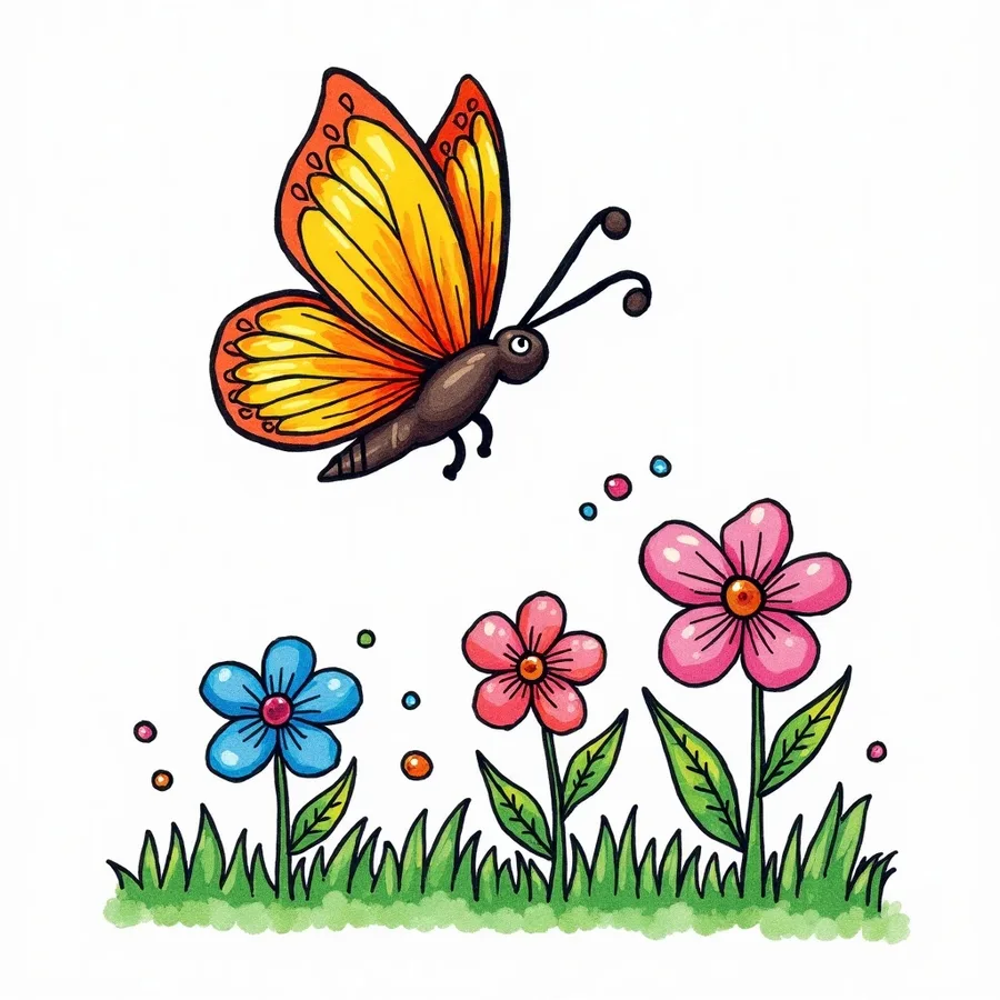 A brightly coloured butterfly and flowers coloring page