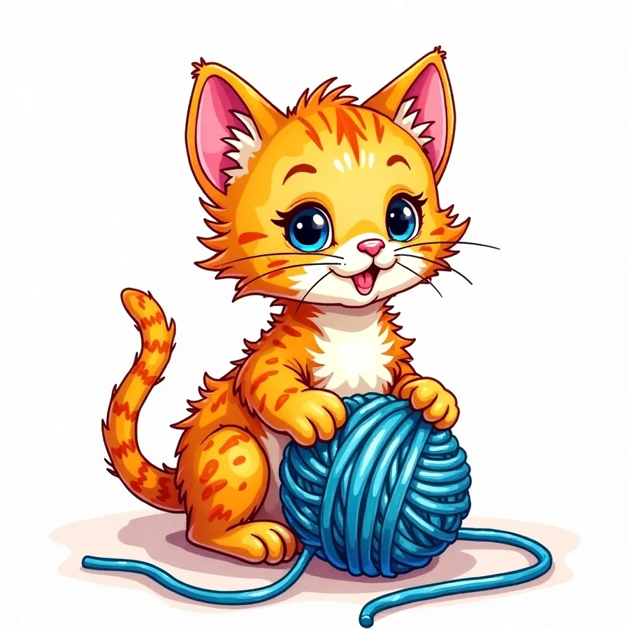 A coloured-in kitten with a ball of yarn coloring page