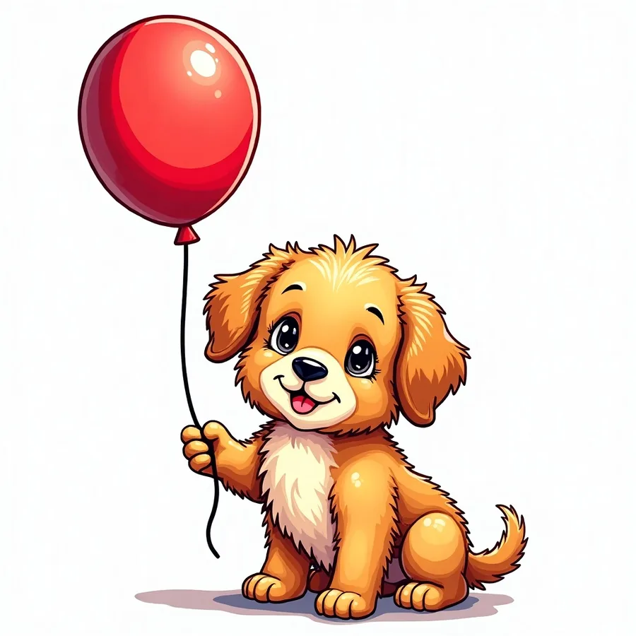 A coloured-in puppy holding a red balloon coloring page