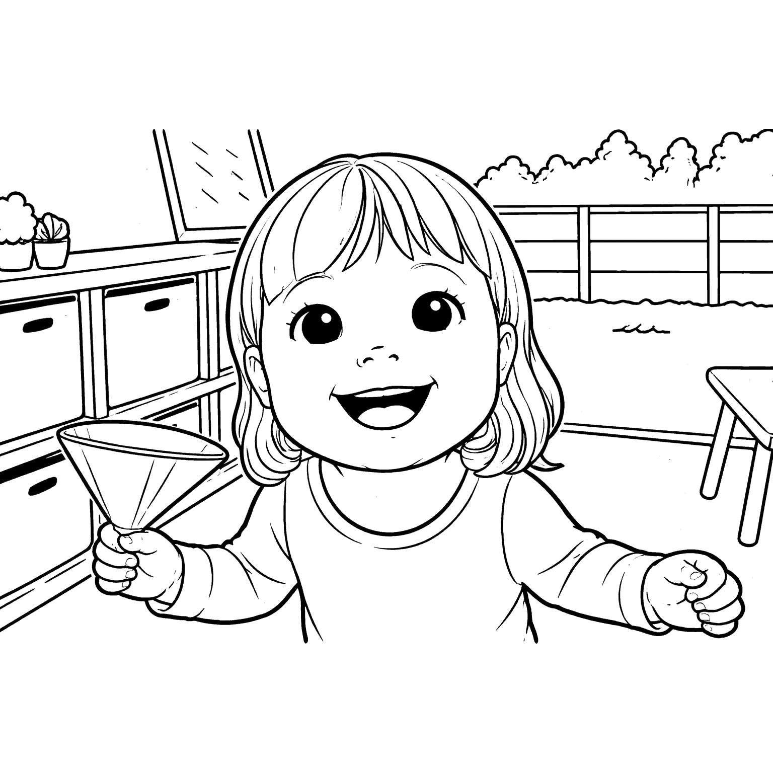 The same toddler turned into a clean black-and-white coloring page, ready to print and color