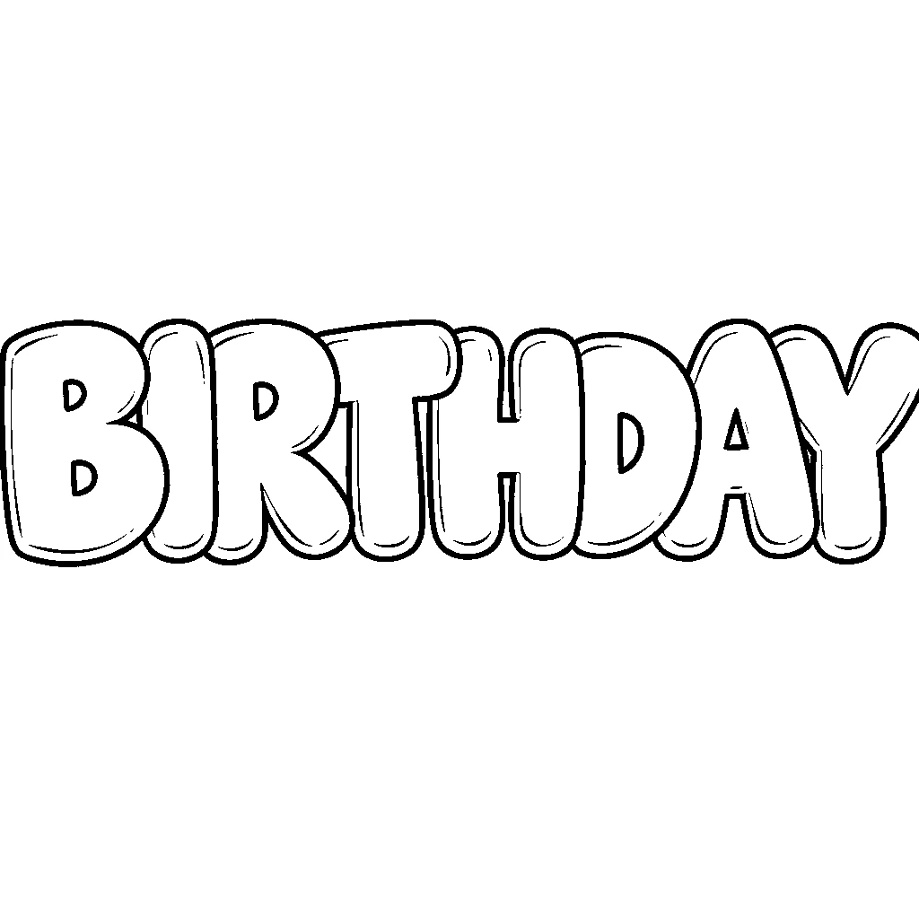 The word BIRTHDAY in chunky bubble letters for a colour-in banner