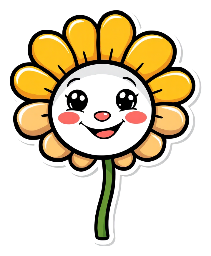 A cheerful colored cartoon flower with a smiling face, bold outlines and big simple petals — the bold, low-detail style large print coloring pages are based on